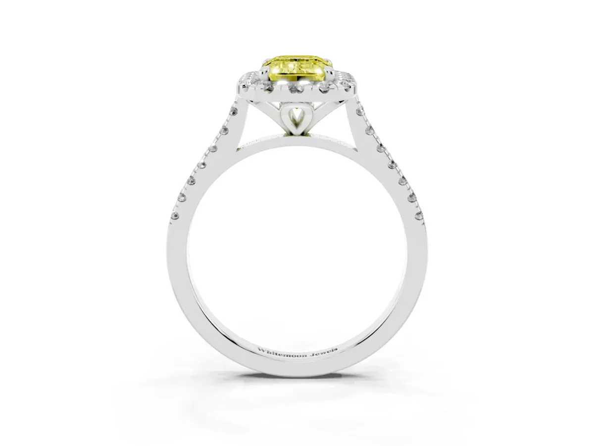Fancy Yellow Emerald Cut Diamond Cushion Halo Ring with Pavé Band Silver