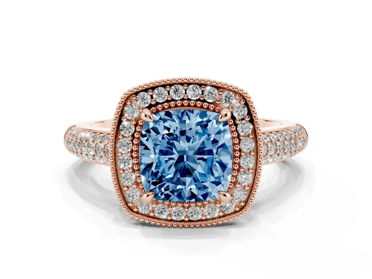 Fancy Blue Cushion Cut Cut Halo Diamond Pave Band with Four-Prong Setting Rose gold