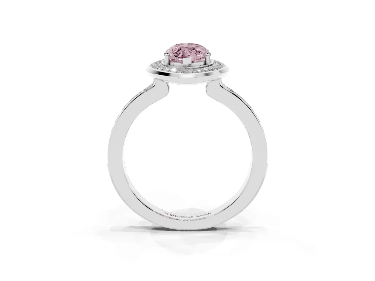 Fancy Pink Marquise Cut Diamond Halo Ring with Bezel Frame and Pavé Band White gold
