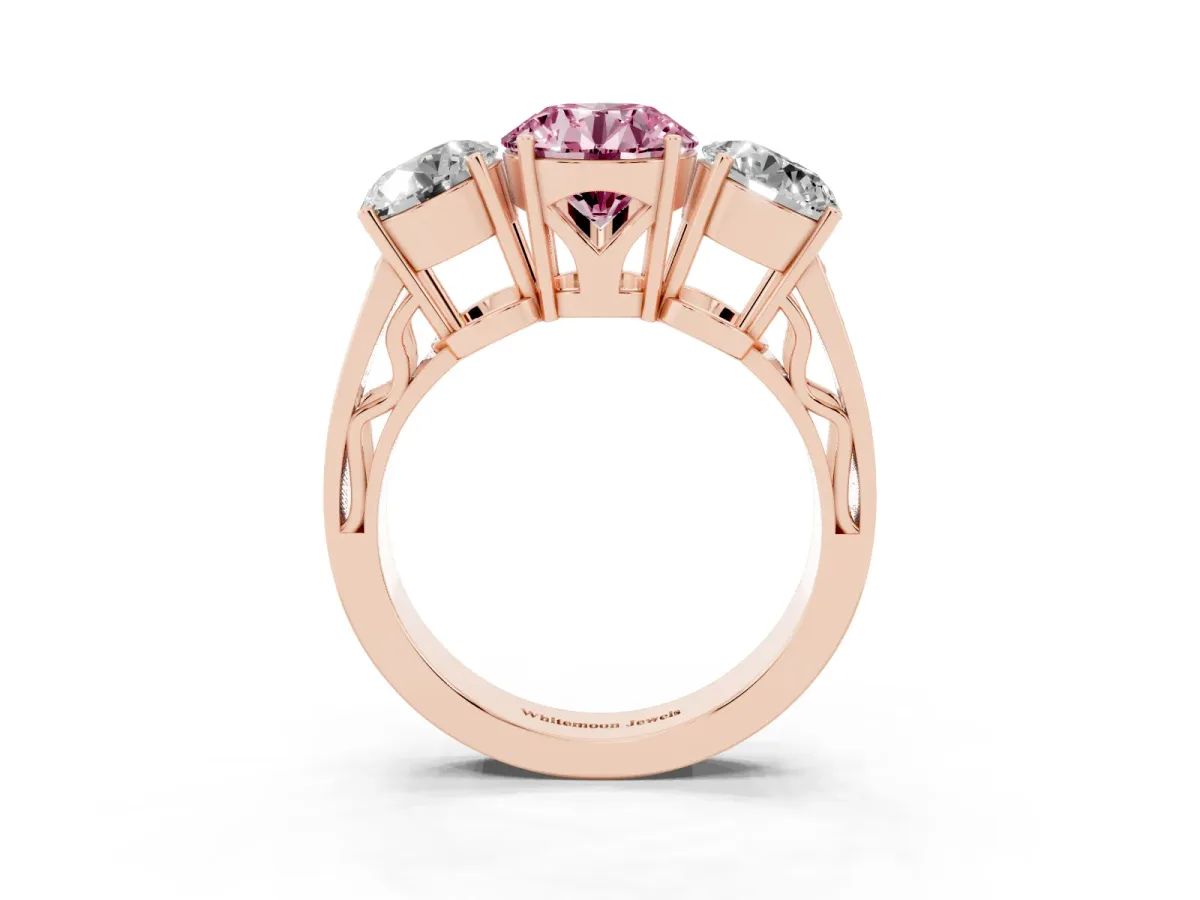 Fancy Pink Round Cut Diamond Three-Stone Ring with Prong Setting and Textured Band Rose gold