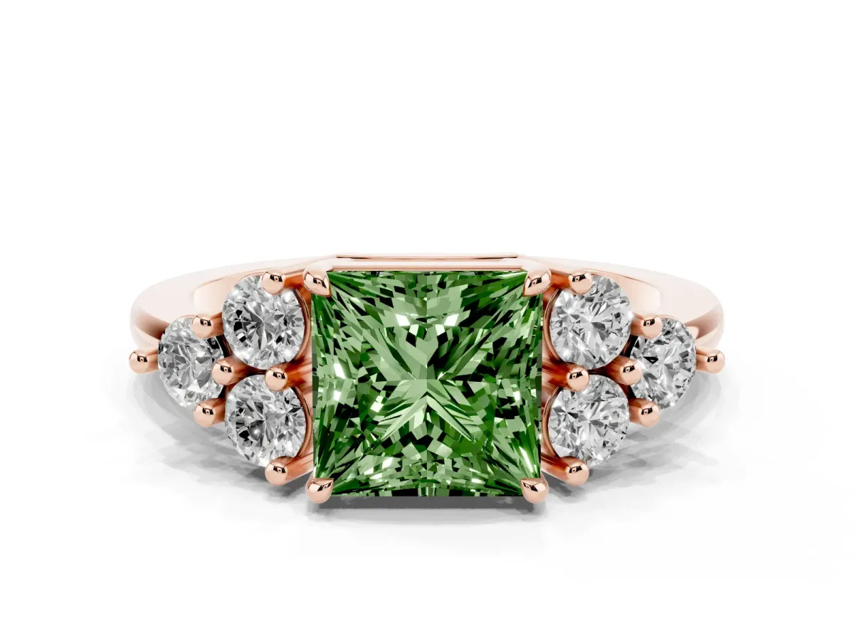 Fancy Green Princess Cut Brilliant Diamond Cluster Accent Solitaire Ring with Prong Setting Rose gold