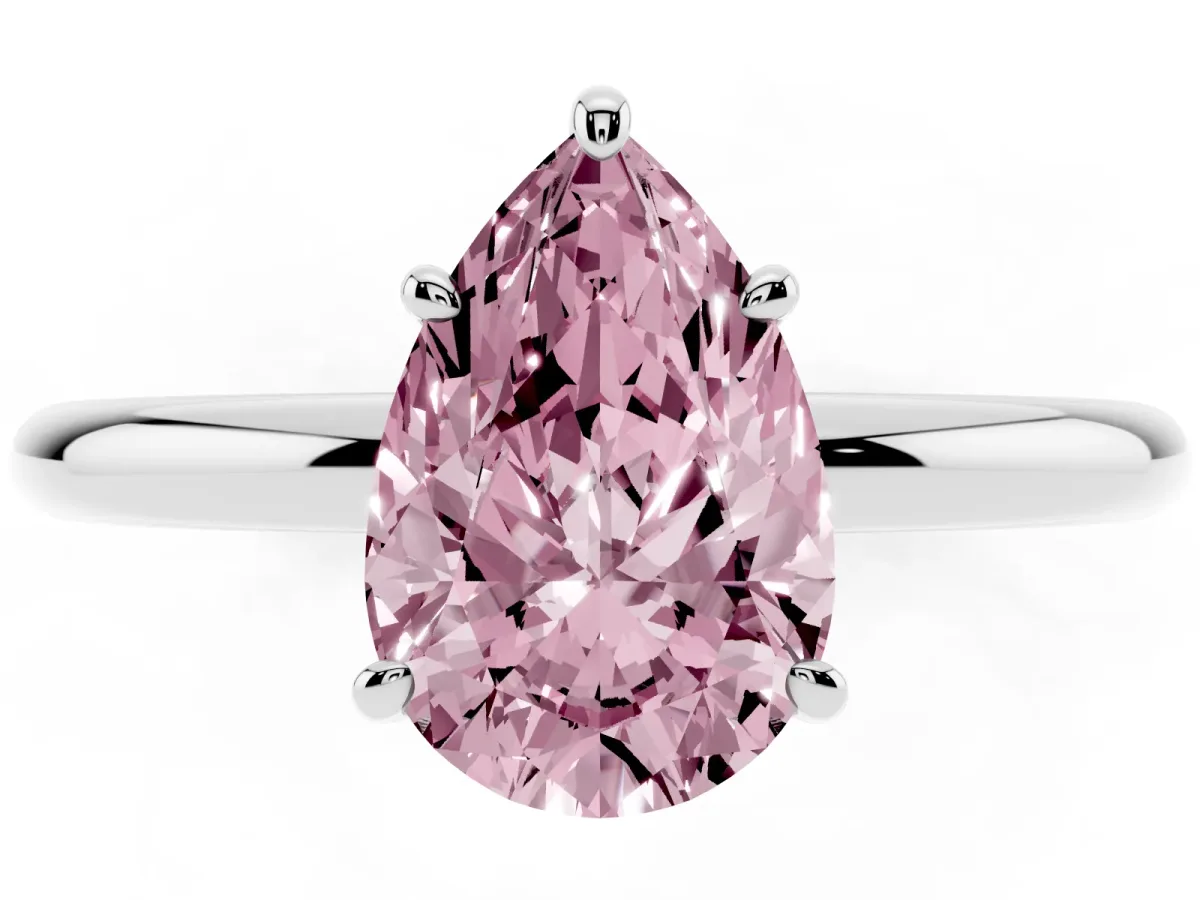 Fancy Pink Pear Cut Solitaire Diamond Ring with Four-Prong Setting on a Plain Band Platinum