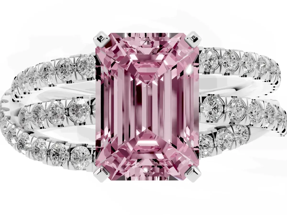 Fancy Pink Emerald Cut Solitaire Twist Band with Pavé Setting and Four-Prong Setting Silver