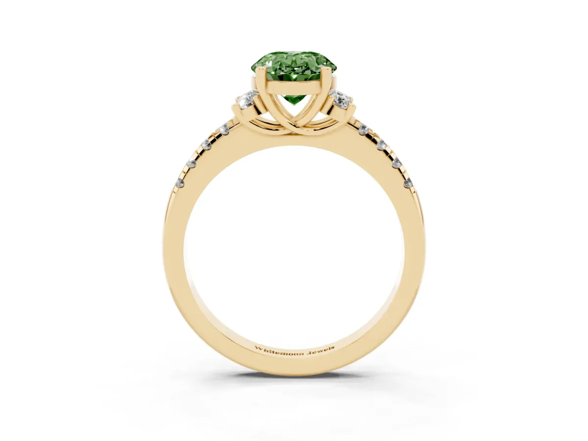 Fancy Green Oval Cut Diamond Three-Stone Pave Band with Four-Prong Setting Yellow gold
