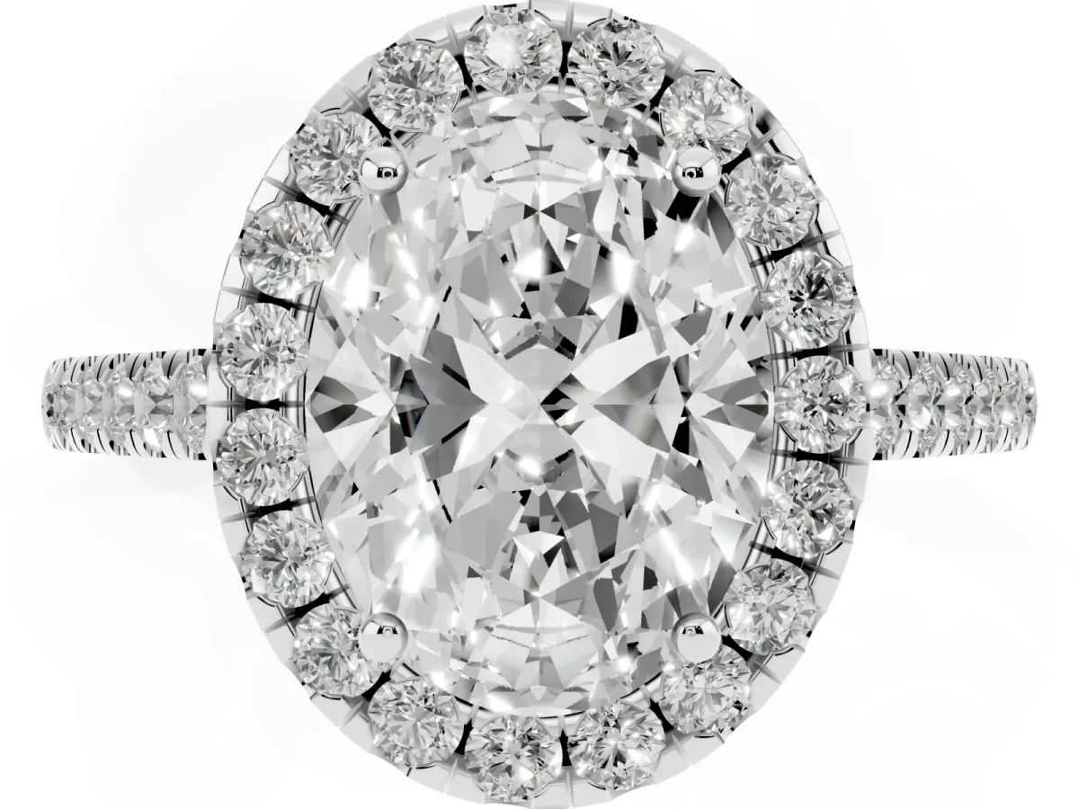 Oval Cut Halo Pave Diamond Engagement Ring with Four-Prong Setting Platinum