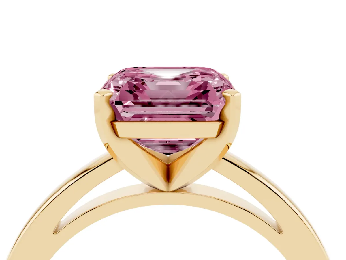 Fancy Pink Asscher Cut Solitaire Diamond Engagement Ring with Four-Prong Setting on a Classic Band Yellow gold