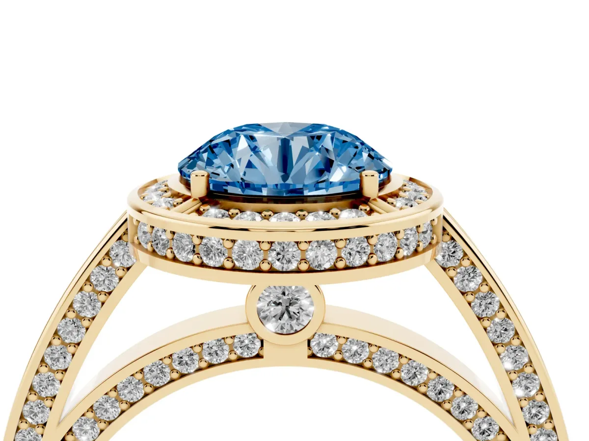 Fancy Blue Round Cut Cut Halo Pave Split Shank Prong Setting Ring Yellow gold