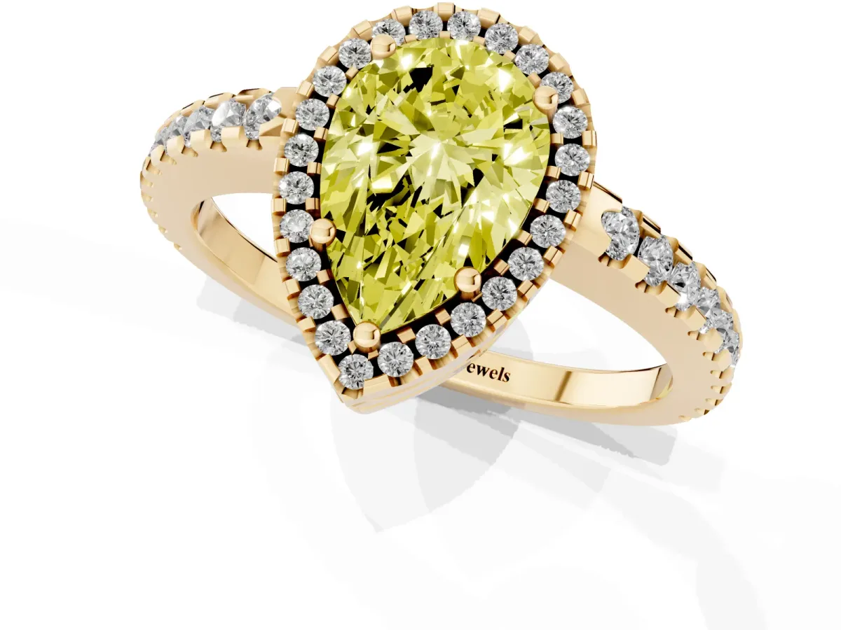 Fancy Yellow Pear Cut Diamond Halo Engagement Ring with Pavé Band and Prong Setting Yellow gold