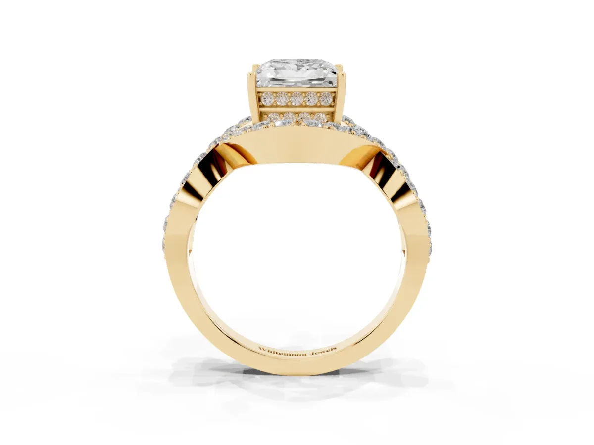 Princess Cut Solitaire Twist Band Pavé Diamond Engagement Ring Yellow gold