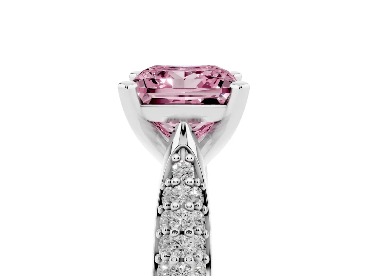 Fancy Pink Princess Cut Diamond Solitaire Engagement Ring with Multi-Row Round Pavé Band and Prong Setting Silver