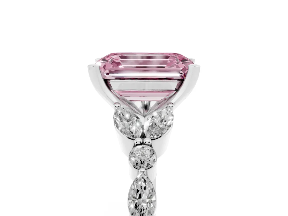Fancy Pink Emerald Cut Diamond Solitaire Ring with Side Stones and Four-Prong Setting Silver