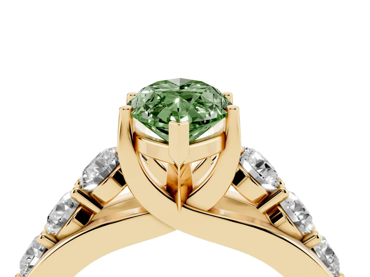 Fancy Green Marquise Cut Diamond Engagement Ring with Pavé Band and Four-Prong Setting Yellow gold