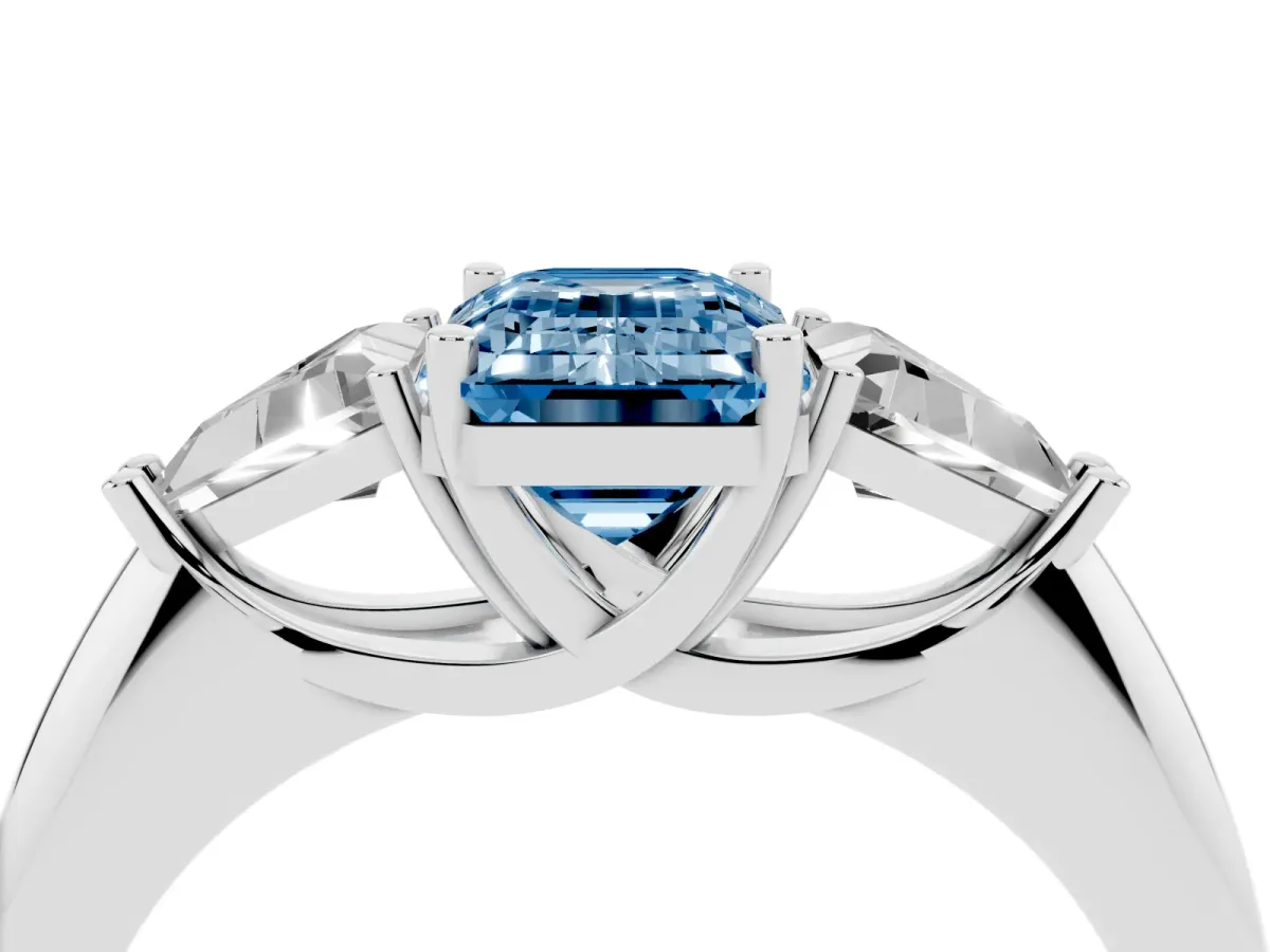 Fancy Blue Three-Stone Emerald Cut Diamond Engagement Ring with Trillion Side Stones and Prong Setting Silver