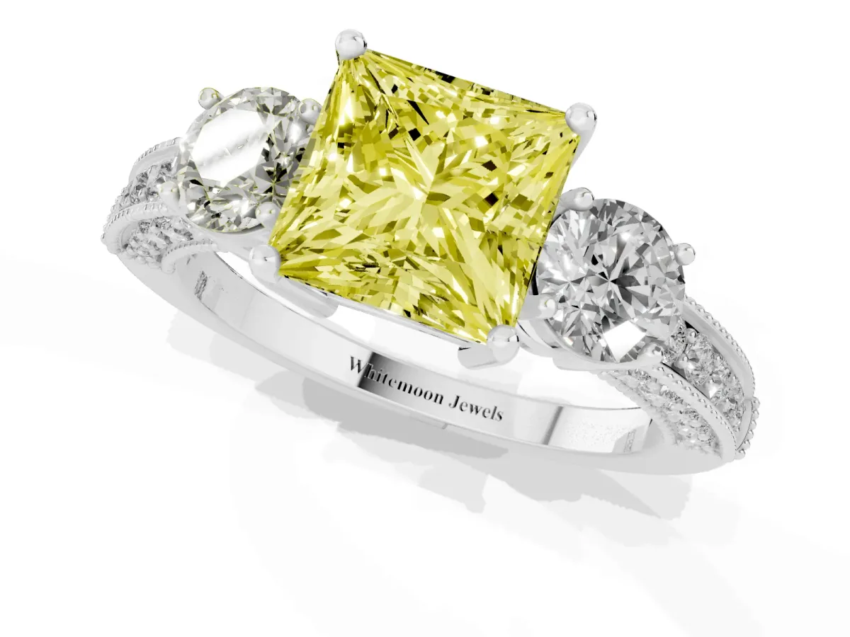 Fancy Yellow Princess Cut Three-Stone Diamond Ring with Pavé Band and Four-Prong Setting Silver