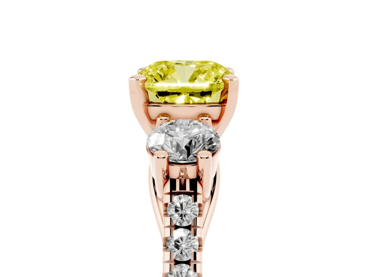 Fancy Yellow Three-Stone Cushion Cut Diamond Pavé Band with Four-Prong Setting Rose gold