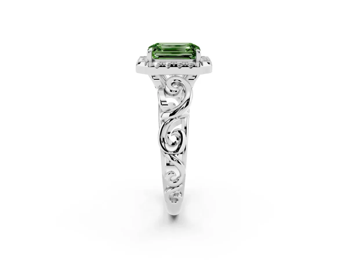 Fancy Green Emerald Cut Cut Halo Diamond Ring with Scrollwork Band and Four-Prong Setting Silver