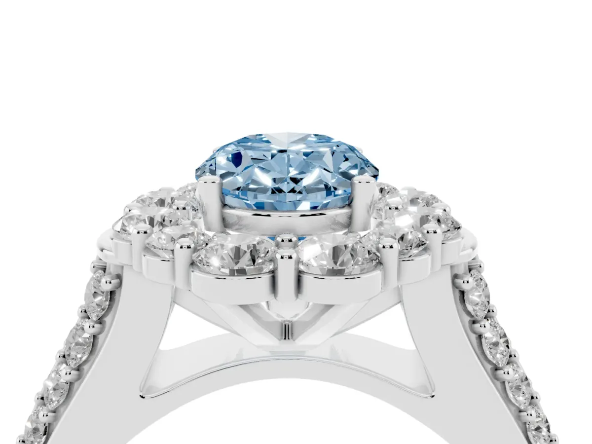 Fancy Blue Oval Cut Halo Diamond Engagement Ring with Split Shank and Prong Setting Silver