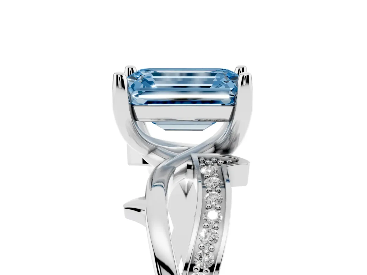 Fancy Blue Emerald Cut Solitaire Twist Band with Pavé Accents and Four-Prong Setting Platinum