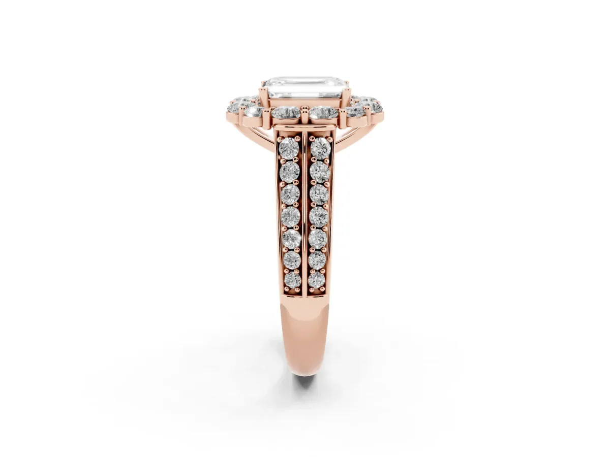 Emerald Cut Halo Diamond Engagement Ring with Split Shank and Prong Setting Rose gold