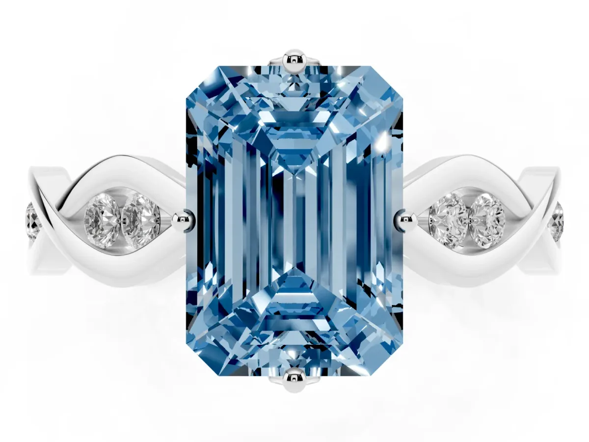 Fancy Blue Emerald Cut Solitaire Twist Band with Leaf Prong Setting Platinum