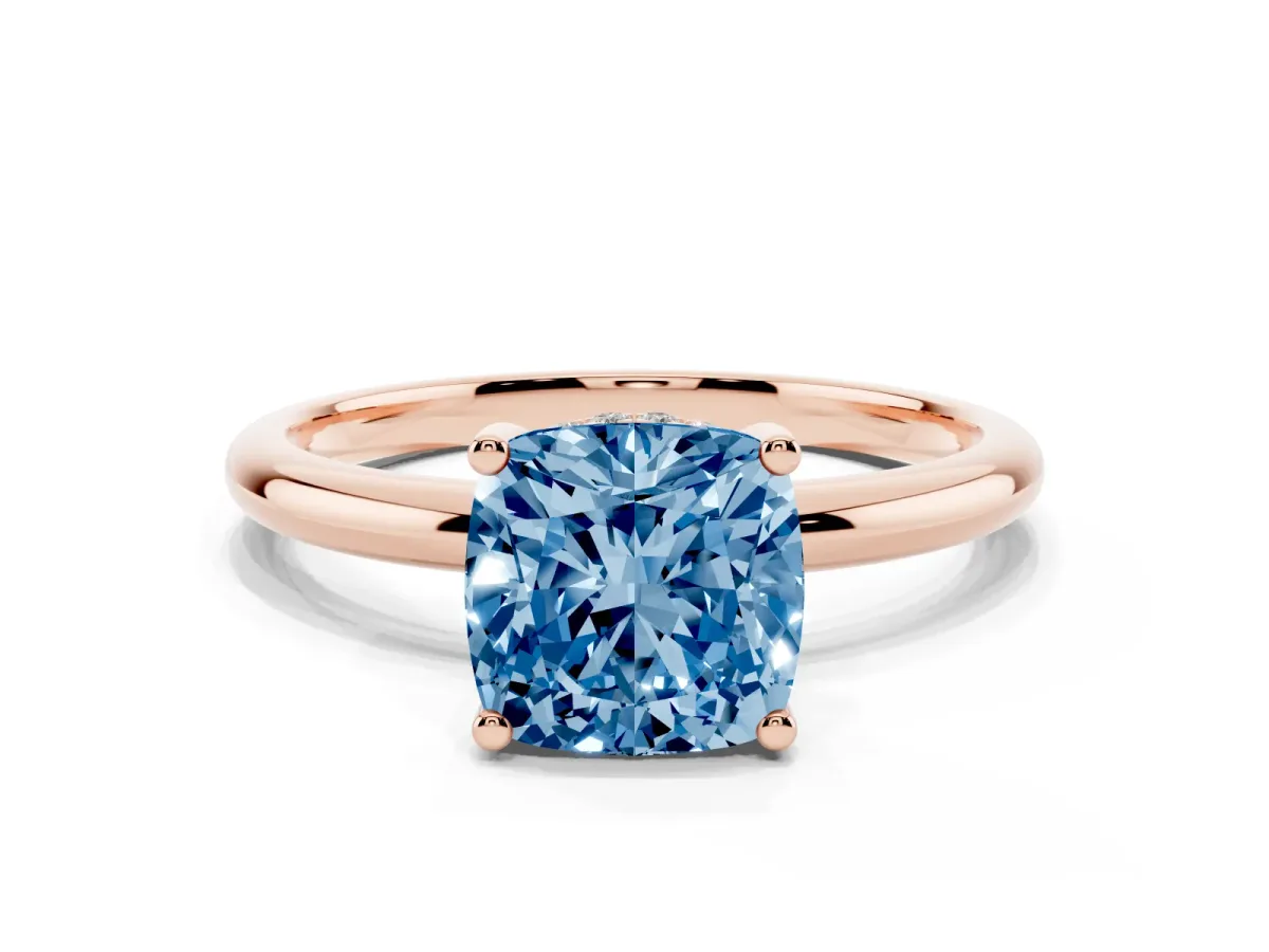Fancy Blue Cushion Cut Cut Solitaire Engagement Ring with Four-Prong Setting and Classic Band Rose gold