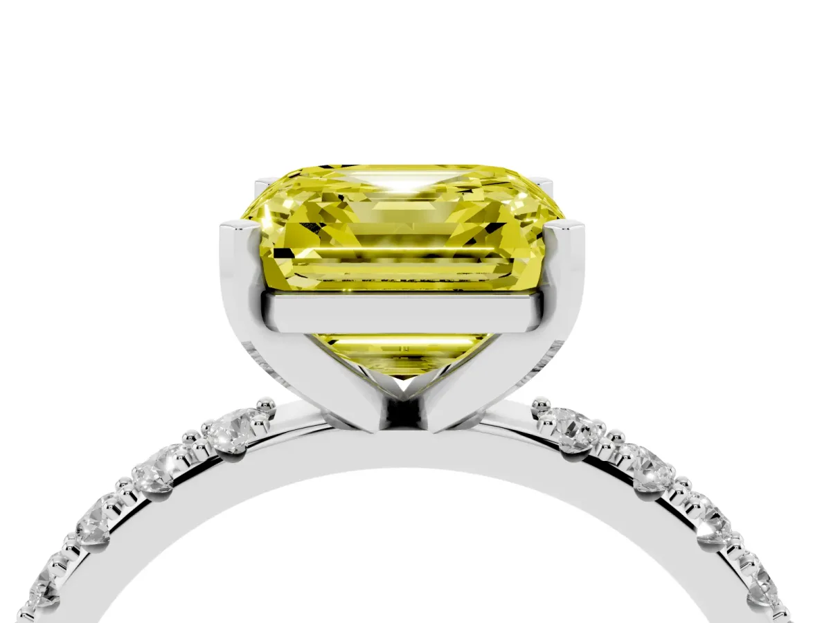 Fancy Yellow Asscher Cut Diamond Solitaire Pavé Band with Four-Prong Setting Silver