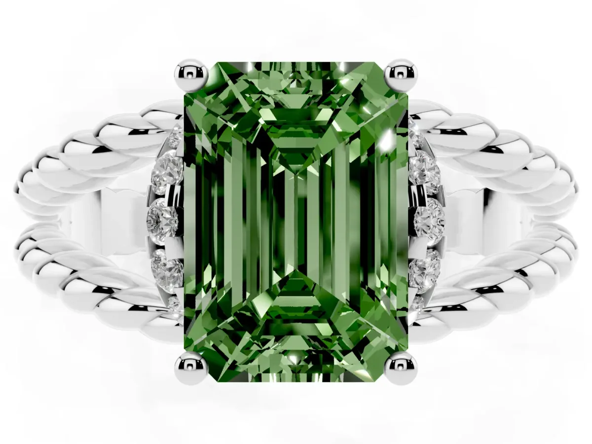 Fancy Green Emerald Cut Halo Twisted Band Four-Prong Ring Silver