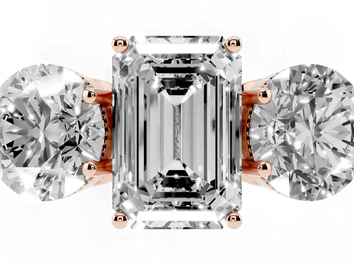 Three-Stone Emerald Cut Diamond Engagement Ring with Prong Setting on a Classic Band Rose gold