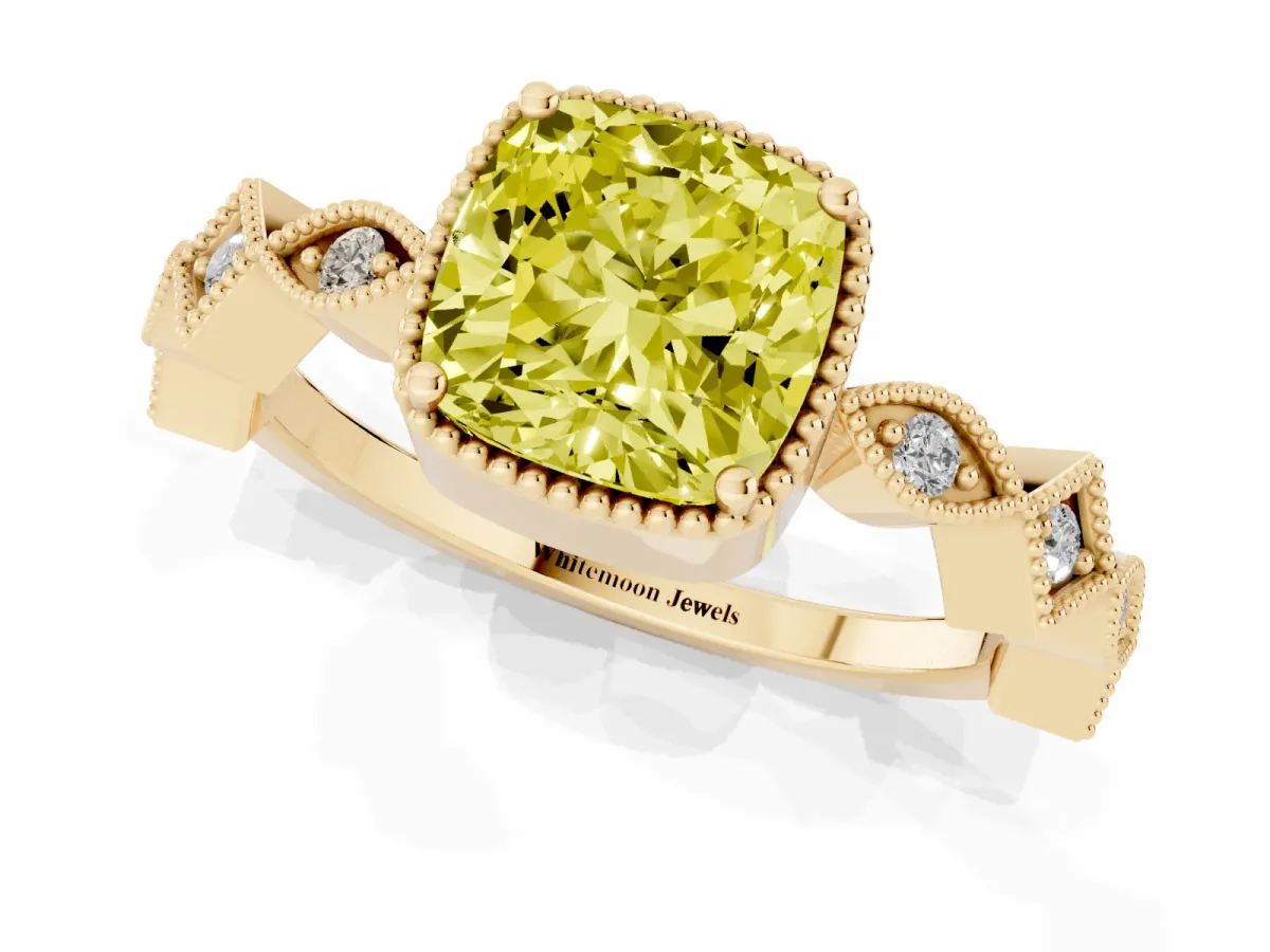 Fancy Yellow Cushion Cut Milgrain Marquise Diamond Twist Band Ring Yellow gold