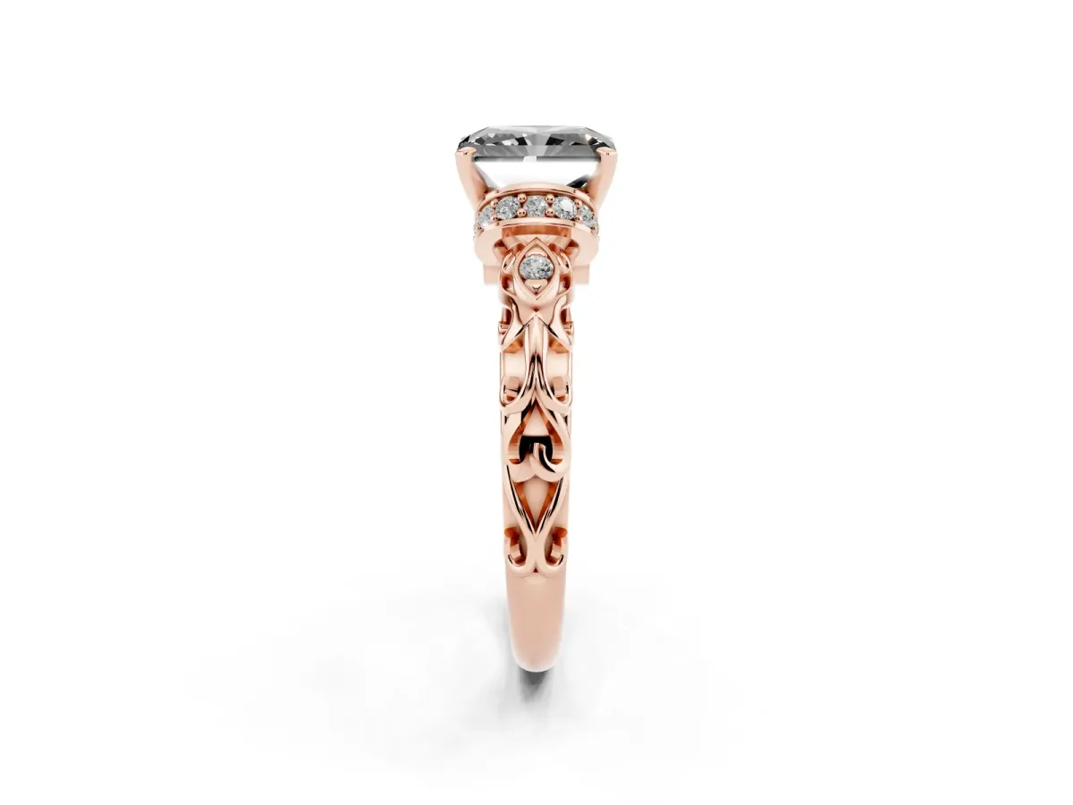 Fancy Black Radiant Cut Diamond Solitaire Ring with Filigree Band and Four-Prong Setting Rose gold
