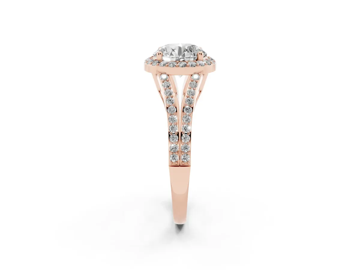 Round Cut Halo Split Shank Pave Diamond Ring with Four-Prong Setting Rose gold
