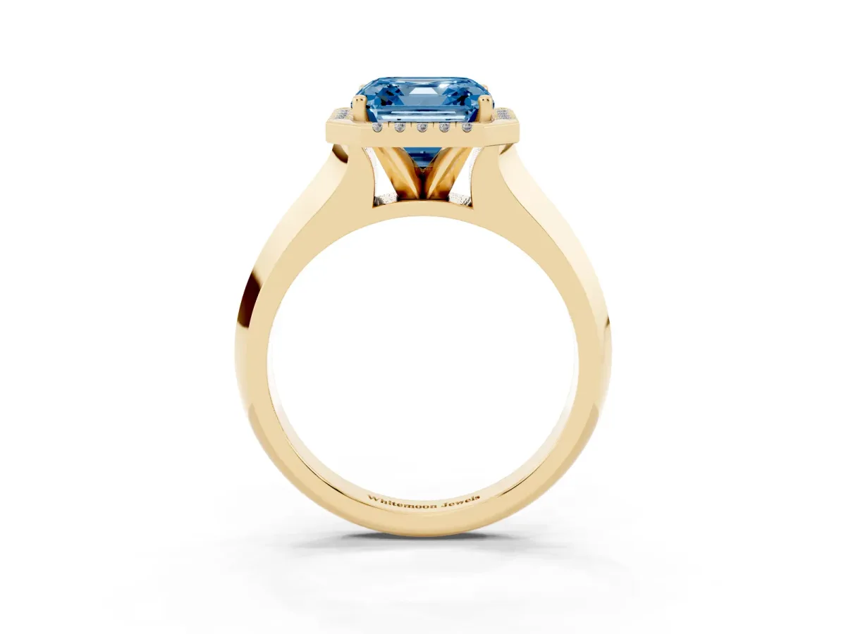 Fancy Blue Asscher Cut Halo Diamond Ring with Cathedral Band and Four-Prong Setting Yellow gold
