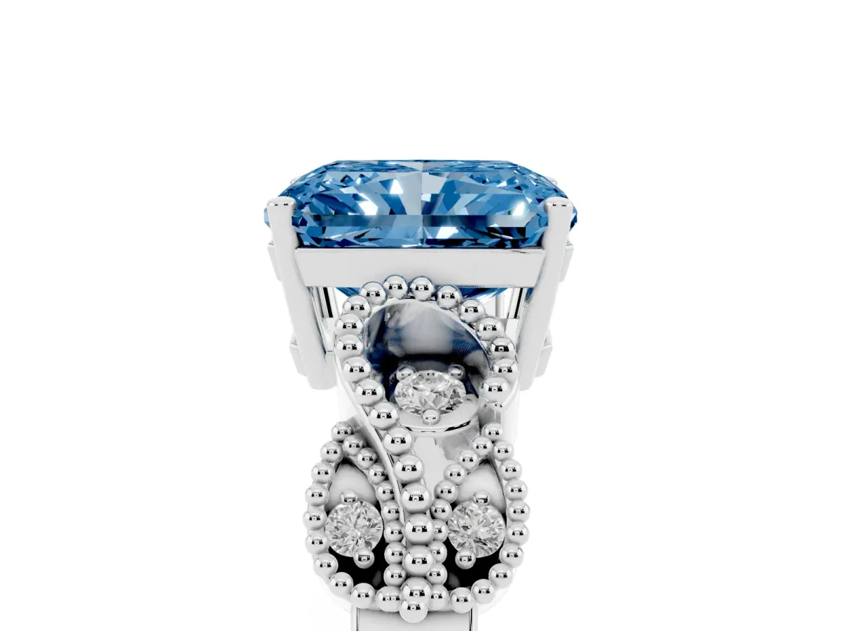 Fancy Blue Princess Cut Solitaire Milgrain Leaf Band with Prong Setting Silver