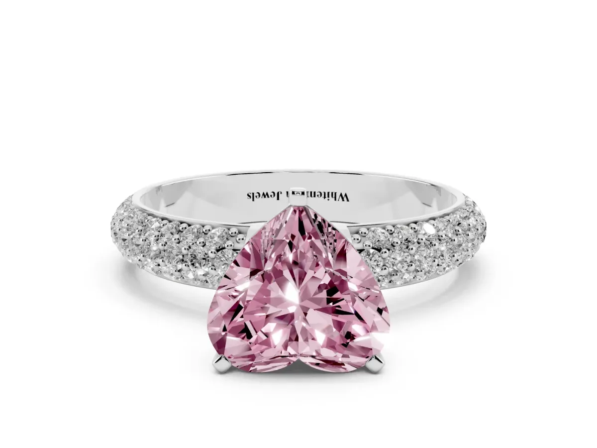 Fancy Pink Heart Cut Diamond Solitaire Ring with Prong Setting and Pavé Band Silver