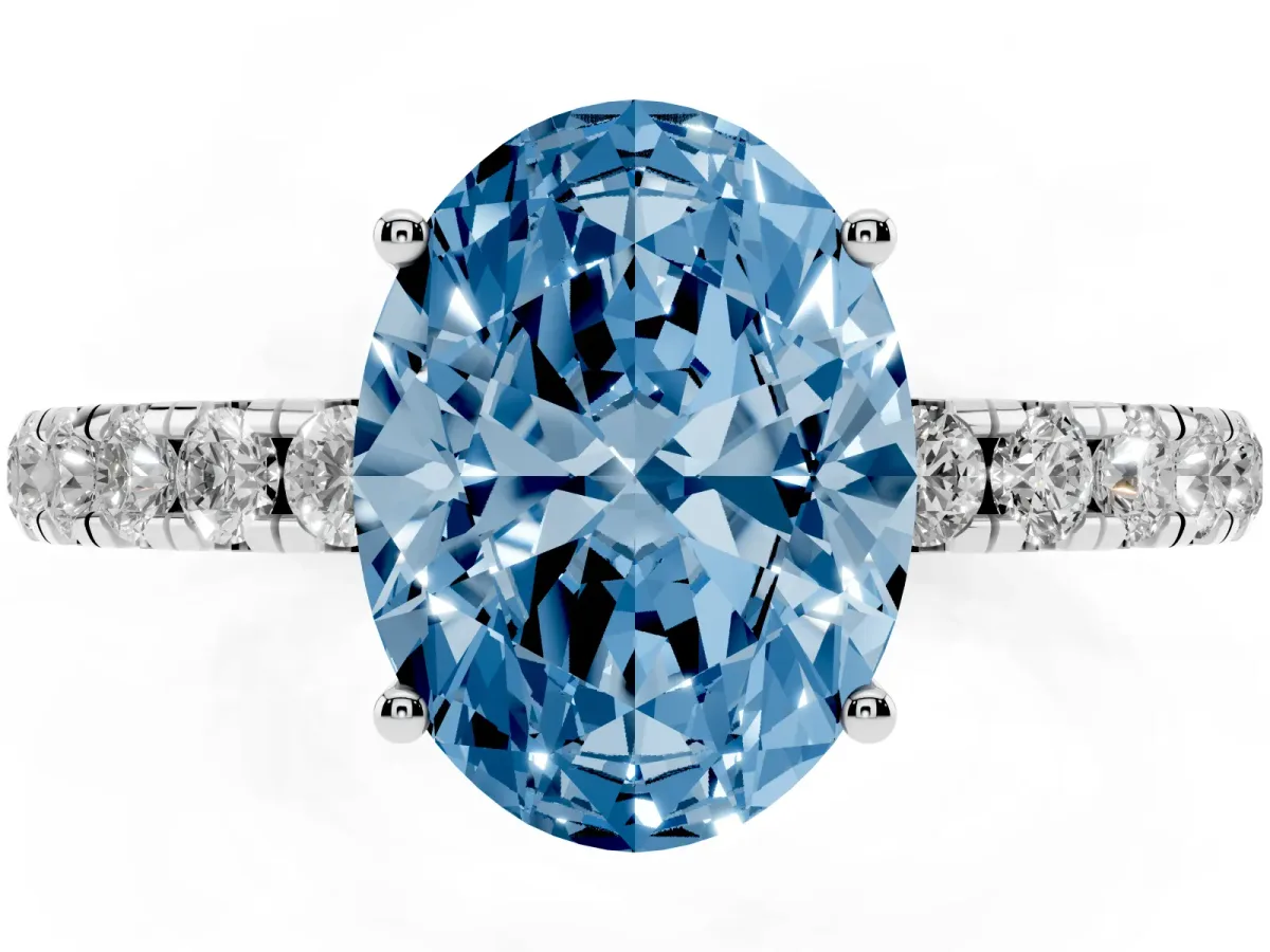 Fancy Blue Oval Cut Diamond Pavé Solitaire Engagement Ring with Four-Prong Setting Platinum