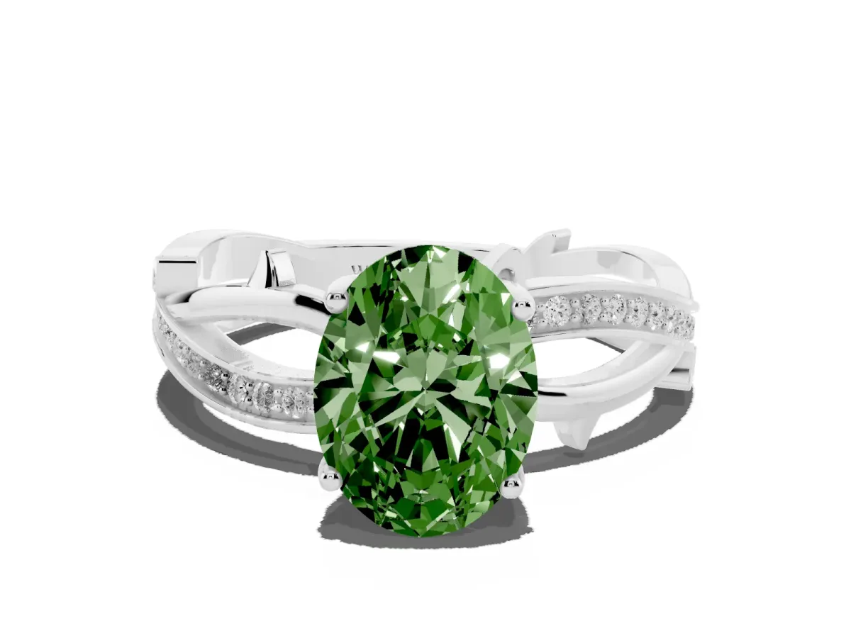 Fancy Green Oval Cut Solitaire Twist Band with Pavé Accents and Four-Prong Setting Platinum