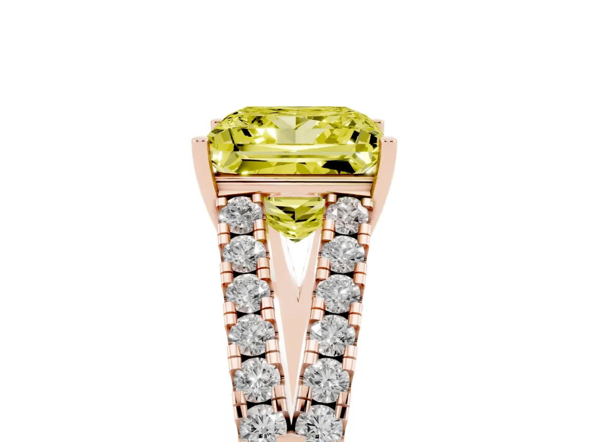 Fancy Yellow Princess Cut Diamond Split Shank Pavé Engagement Ring with Four-Prong Setting Rose gold