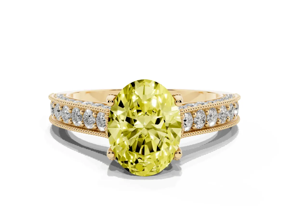 Fancy Yellow Oval Cut Cut Diamond Solitaire Ring with Milgrain Pave Band and Four Prong Setting Yellow gold