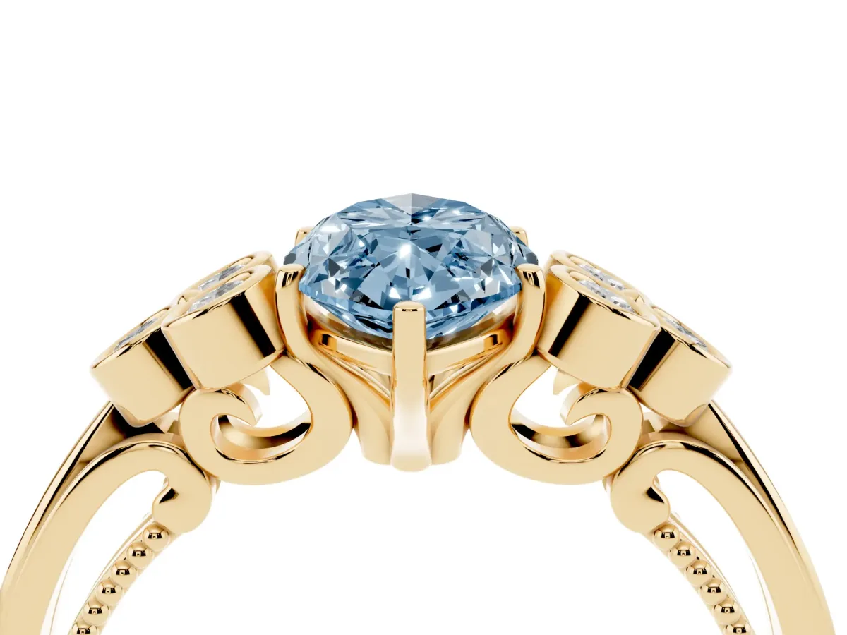 Fancy Blue Marquise Cut Cut Diamond Engagement Ring with Bezel Set Round Side Stones and Prong Setting Yellow gold
