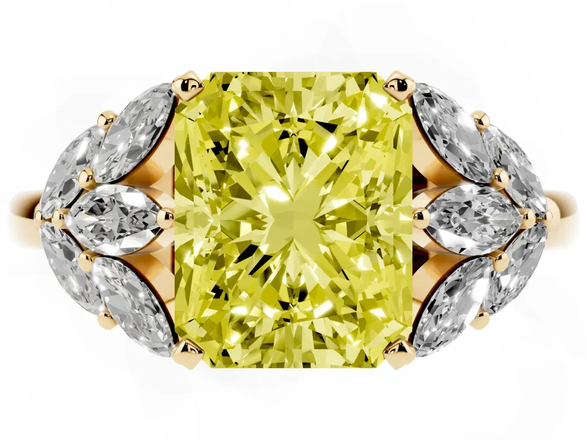 Fancy Yellow Radiant Cut Diamond Cluster Leaf Design Ring with Prong Setting Yellow gold