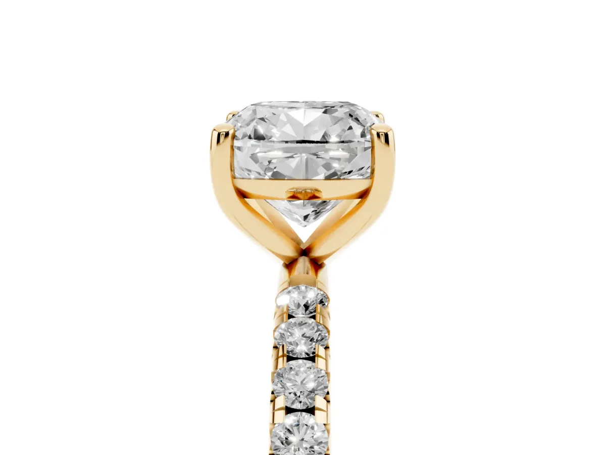 Cushion Cut Cut Diamond Solitaire Ring with Micro Pave Band and Four Prong Setting Yellow gold