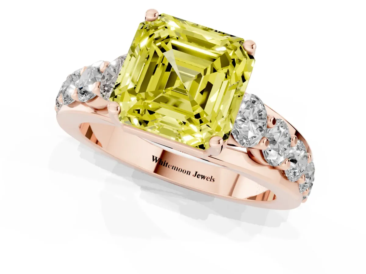 Fancy Yellow Asscher Cut Diamond Engagement Ring with Pavé Band and Four-Prong Setting Rose gold