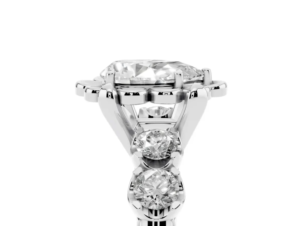 Pear Cut Cut Diamond Floral Halo Engagement Ring with Shared Prong Setting Silver