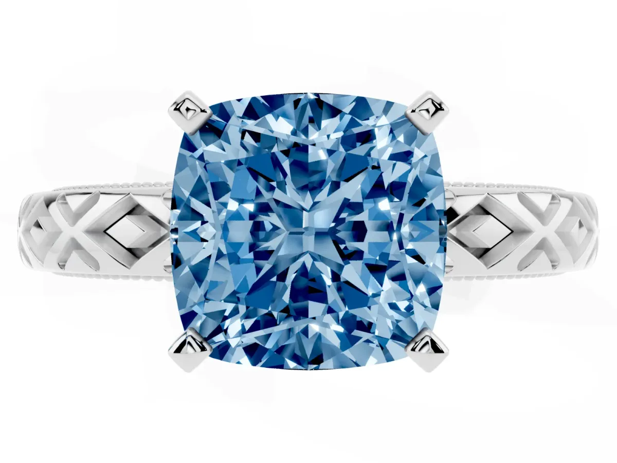 Fancy Blue Cushion Cut Solitaire Diamond Ring with Milgrain and Black Enamel X Pattern Band Silver