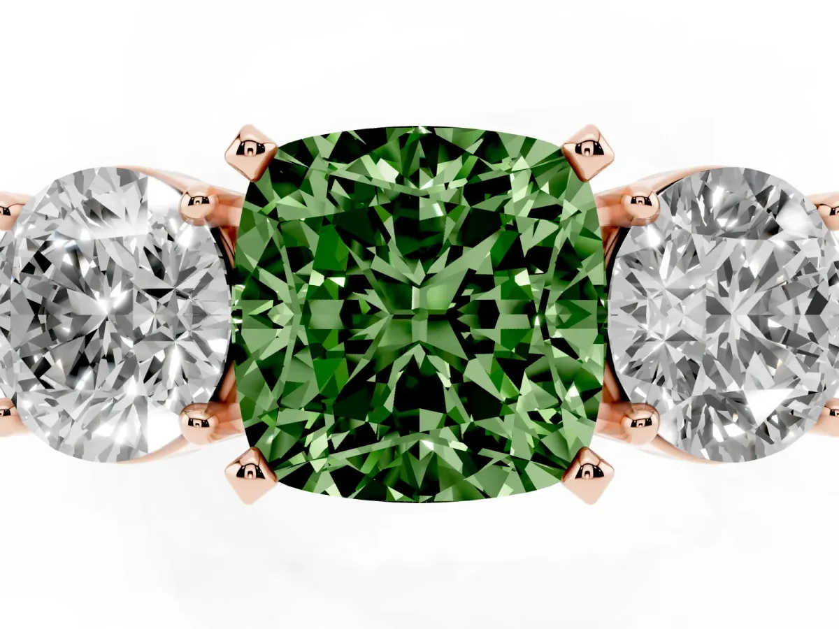 Fancy Green Three-Stone Cushion Cut Diamond Ring with Round Side Stones, Classic Band, and Four-Prong Setting Rose gold