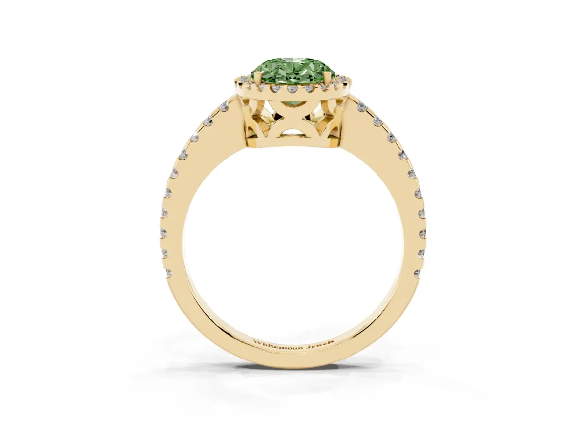 Fancy Green Oval Cut Diamond Halo Engagement Ring with Pavé Band and Prong Setting Yellow gold