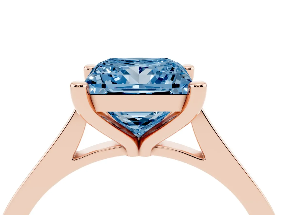 Fancy Blue Princess Cut Solitaire Diamond Ring with Four-Prong Setting and Tapered Band Rose gold