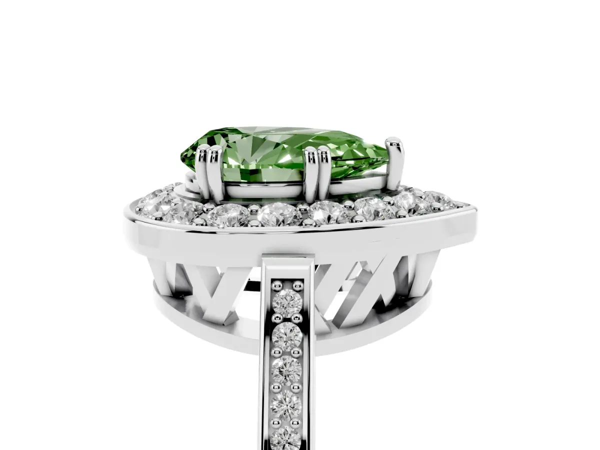 Fancy Green Pear Cut Diamond Halo Ring with Split Shank and Four-Prong Setting Silver