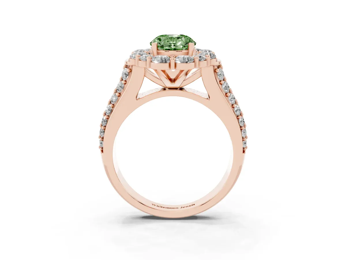 Fancy Green Oval Cut Halo Diamond Engagement Ring with Split Shank and Prong Setting Rose gold
