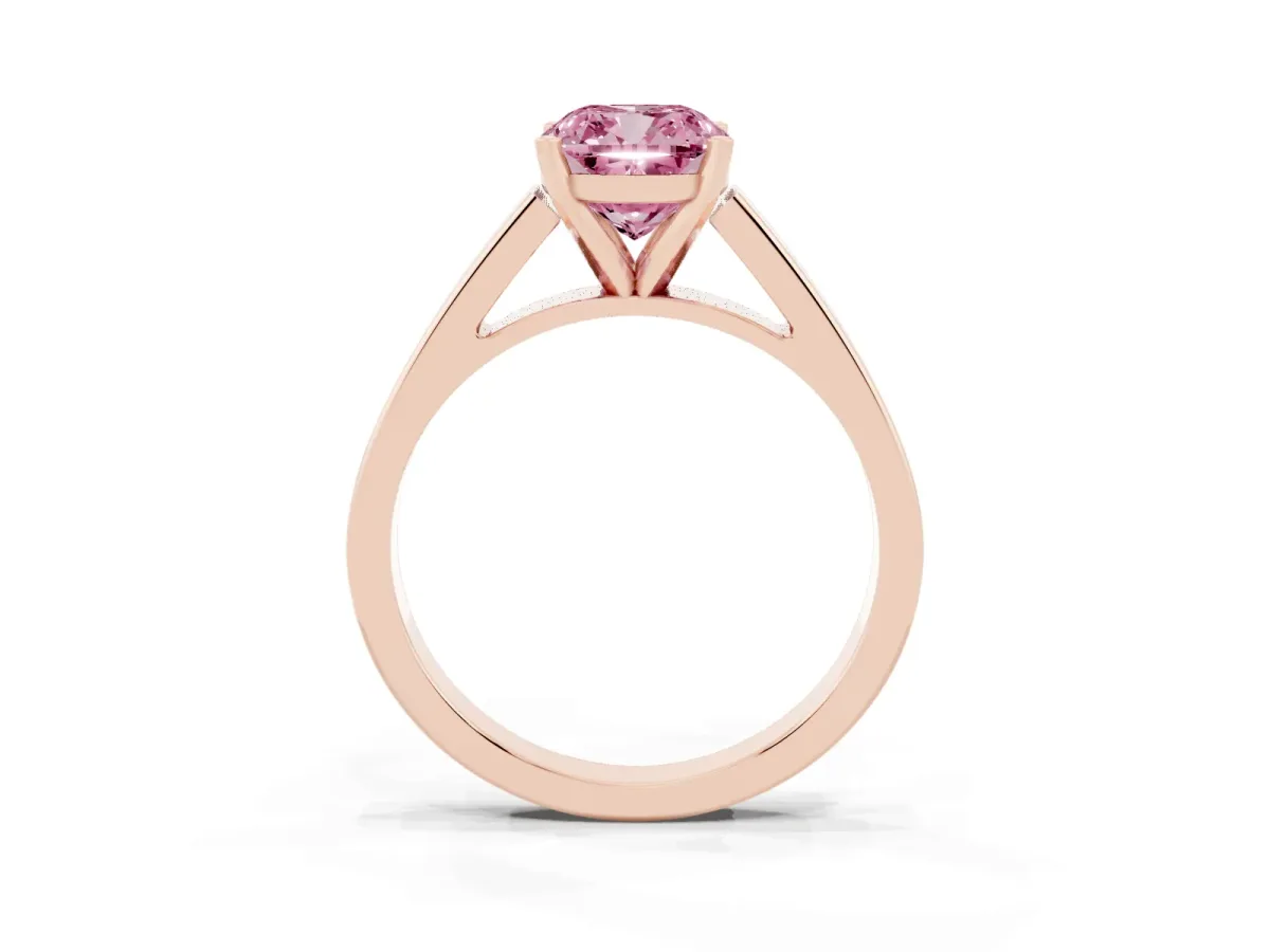 Fancy Pink Cushion Cut Solitaire Engagement Ring with Four-Prong Setting and Tapered Band Rose gold